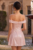 Glinsterende roze A-lijn off the shoulder pailletten homecoming jurk