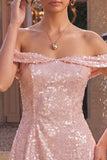 Glinsterende roze A-lijn off the shoulder pailletten homecoming jurk