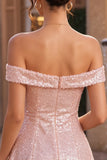 Glinsterende roze A-lijn off the shoulder pailletten homecoming jurk