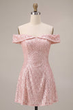 Glinsterende roze A-lijn off the shoulder pailletten homecoming jurk