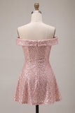 Glinsterende roze A-lijn off the shoulder pailletten homecoming jurk