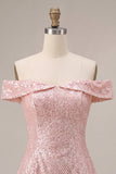 Glinsterende roze A-lijn off the shoulder pailletten homecoming jurk