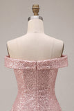 Glinsterende roze A-lijn off the shoulder pailletten homecoming jurk