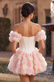 Witte en roze A-lijn korset met bloemen homecoming jurk met een off-the-shoulder korset