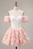 Witte en roze A-lijn korset met bloemen homecoming jurk met een off-the-shoulder korset