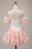 Witte en roze A-lijn korset met bloemen homecoming jurk met een off-the-shoulder korset