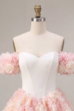 Witte en roze A-lijn korset met bloemen homecoming jurk met een off-the-shoulder korset