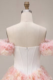 Witte en roze A-lijn korset met bloemen homecoming jurk met een off-the-shoulder korset