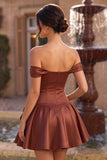 Desert Rose A-lijn satijnen off-the-shoulder homecoming jurk met strik