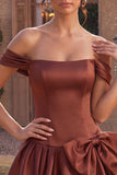 Desert Rose A-lijn satijnen off-the-shoulder homecoming jurk met strik