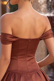 Desert Rose A-lijn satijnen off-the-shoulder homecoming jurk met strik