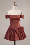Desert Rose A-lijn satijnen off-the-shoulder homecoming jurk met strik