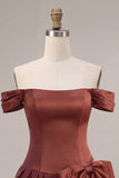 Desert Rose A-lijn satijnen off-the-shoulder homecoming jurk met strik