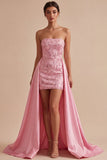 Strapless roze bodycon pailletten homecoming jurk met sjerp