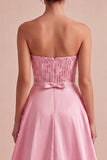 Strapless roze bodycon pailletten homecoming jurk met sjerp