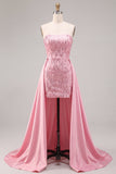Strapless roze bodycon pailletten homecoming jurk met sjerp
