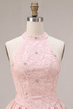 Halter nek roze A-lijn bloemenkorset met jacquard kralenversierde homecomingjurk