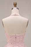 Halter nek roze A-lijn bloemenkorset met jacquard kralenversierde homecomingjurk
