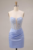 Hemelsblauwe strapless satijnen gerimpelde parel korte homecomingjurk