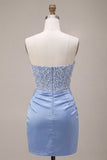 Hemelsblauwe strapless satijnen gerimpelde parel korte homecomingjurk