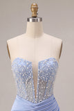 Hemelsblauwe strapless satijnen gerimpelde parel korte homecomingjurk