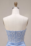 Hemelsblauwe strapless satijnen gerimpelde parel korte homecomingjurk