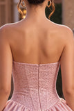 A-lijn roze strapless korset satijnen Homecoming jurk met kralen