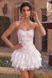 Witte roze bloemenkorset Sweetheart Gelaagde Ruffle Homecoming Jurk