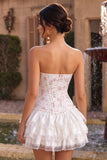 Witte roze bloemenkorset Sweetheart Gelaagde Ruffle Homecoming Jurk