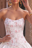 Witte roze bloemenkorset Sweetheart Gelaagde Ruffle Homecoming Jurk