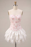 Witte roze bloemenkorset Sweetheart Gelaagde Ruffle Homecoming Jurk