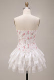 Witte roze bloemenkorset Sweetheart Gelaagde Ruffle Homecoming Jurk