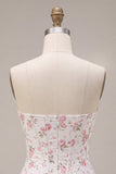 Witte roze bloemenkorset Sweetheart Gelaagde Ruffle Homecoming Jurk