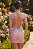 Roze V-hals bodycon pailletten bloemenjurk met uitsnede homecoming jurk