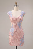 Roze V-hals bodycon pailletten bloemenjurk met uitsnede homecoming jurk