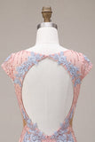 Roze V-hals bodycon pailletten bloemenjurk met uitsnede homecoming jurk