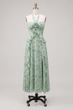 A-lijn salie halter hals Chiffon bloemenjurk met ruches en split