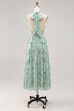 A-lijn salie halter hals Chiffon bloemenjurk met ruches en split