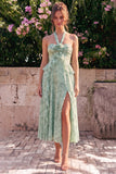 A-lijn salie halter hals Chiffon bloemenjurk met ruches en split