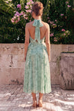 A-lijn salie halter hals Chiffon bloemenjurk met ruches en split