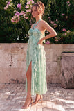 A-lijn salie halter hals Chiffon bloemenjurk met ruches en split