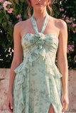 A-lijn salie halter hals Chiffon bloemenjurk met ruches en split