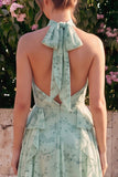 A-lijn salie halter hals Chiffon bloemenjurk met ruches en split