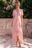 Roze Chiffon A-lijn V-hals rucherige asymmetrische bloemen midijurk met puffmouwen