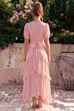 Roze Chiffon A-lijn V-hals rucherige asymmetrische bloemen midijurk met puffmouwen