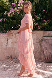 Roze Chiffon A-lijn V-hals rucherige asymmetrische bloemen midijurk met puffmouwen