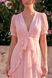 Roze Chiffon A-lijn V-hals rucherige asymmetrische bloemen midijurk met puffmouwen