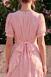 Roze Chiffon A-lijn V-hals rucherige asymmetrische bloemen midijurk met puffmouwen