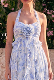 Halter hals A-lijn blauwe bloemen chiffon midi jurk met ruches