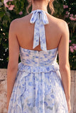 Halter hals A-lijn blauwe bloemen chiffon midi jurk met ruches